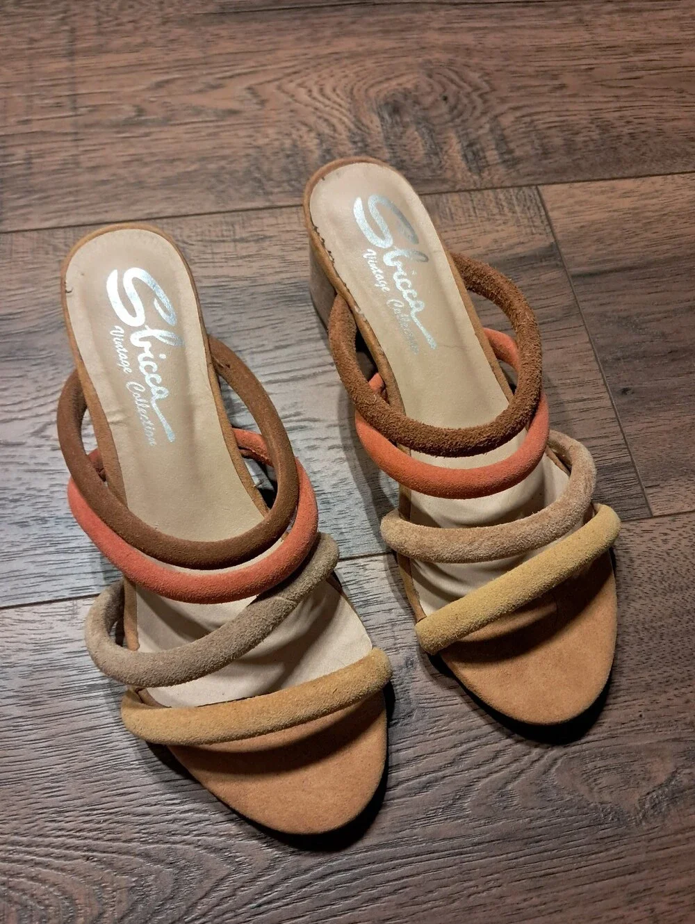 Sbicca Suede Multi-color Chunky Strap Block Heel Sandals in Brown, Tan, Orange